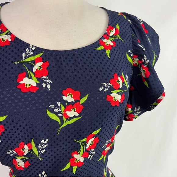 JILL STUART Midnight Navy Blue Red Floral Jacquard Flutter Sleeve Dress Medium - Picture 5 of 10